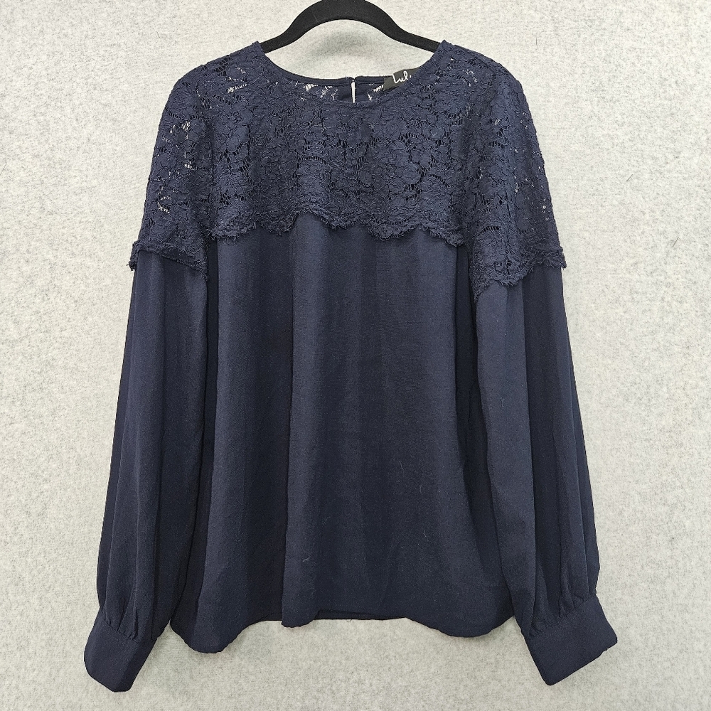 Lulu's‎ Navy Blouse With Floral Lace Button Cuffs Women's Size Lg